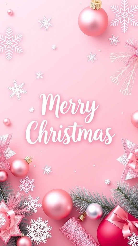 Pink Christmas wallpaper with festive motifs like snowflakes and ornaments.